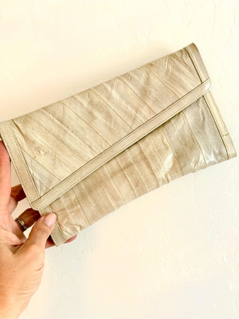 Vintage light cream Eel Skin Leather asymmetrical envelope clutch
